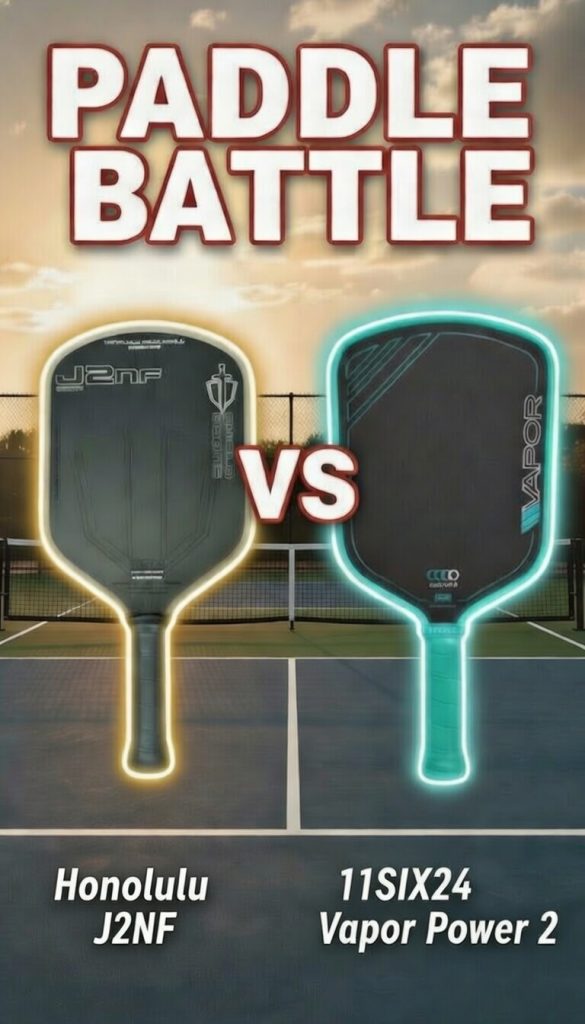 Honolulu J2NF vs 11SIX24 Vapor Power 2 pickleball paddle battle comparison on outdoor court with glowing outlines