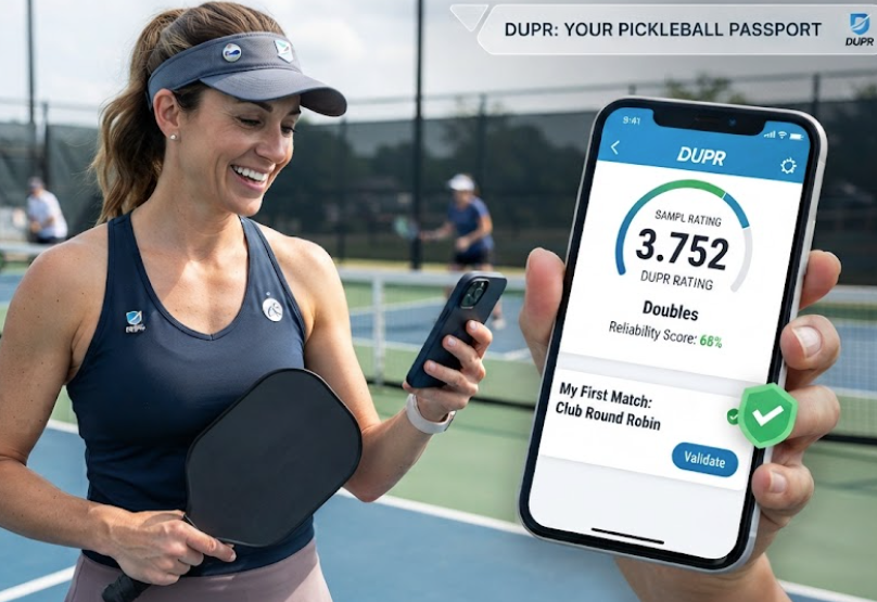 Player checking their DUPR pickleball rating on a smartphone app at the court